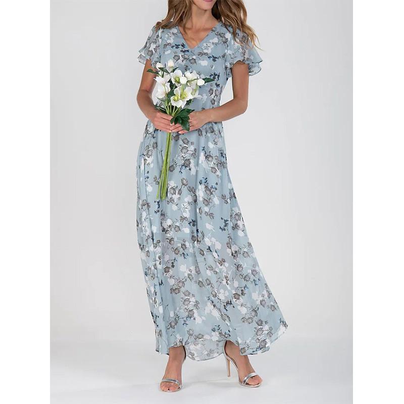 Summer Floral Chiffon Maxi Dress With Ruffle Vneck For Casual Wear