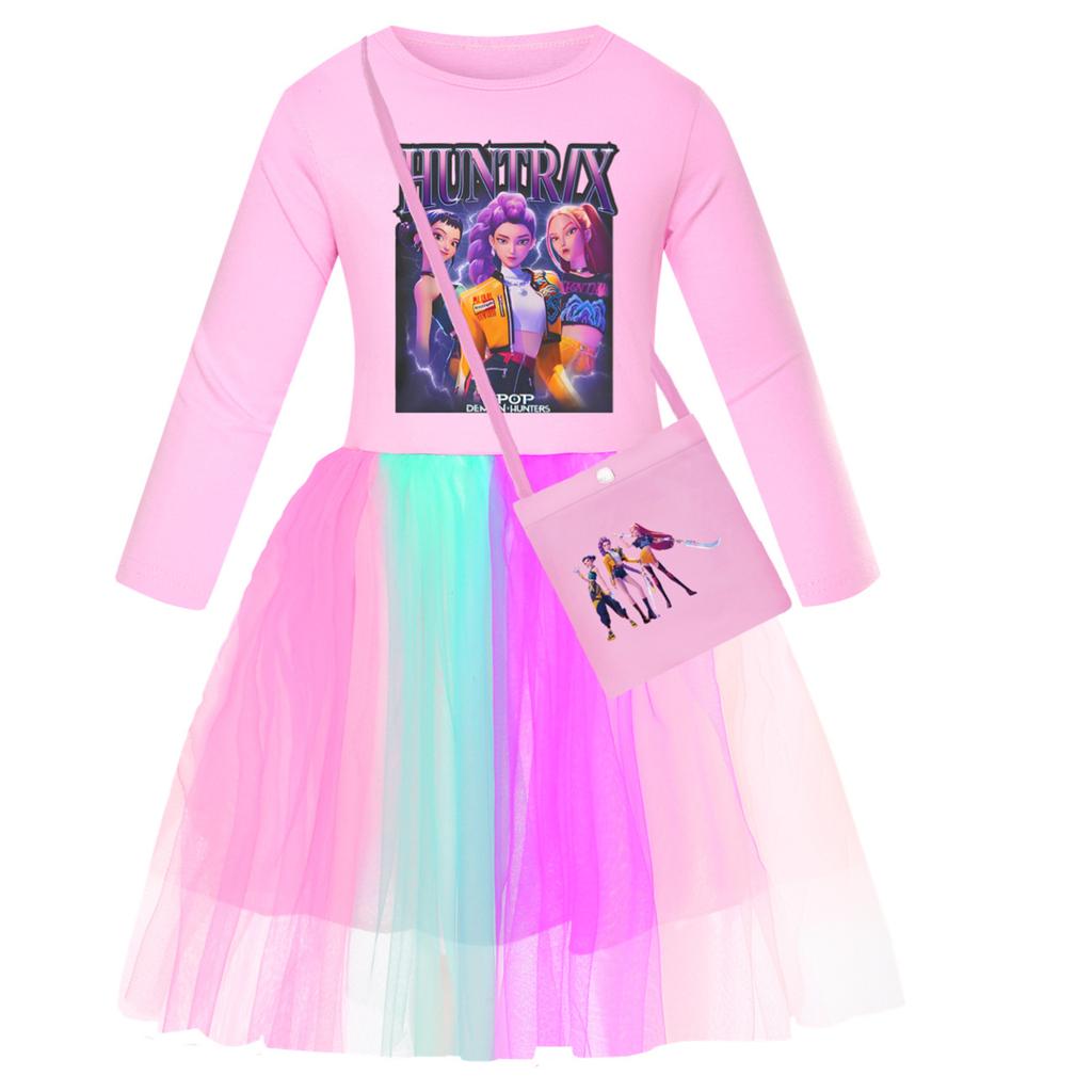 Girls' Star-Print Skirt Round-Neck Long-Sleeve Colorful Lace Patchwork Dress