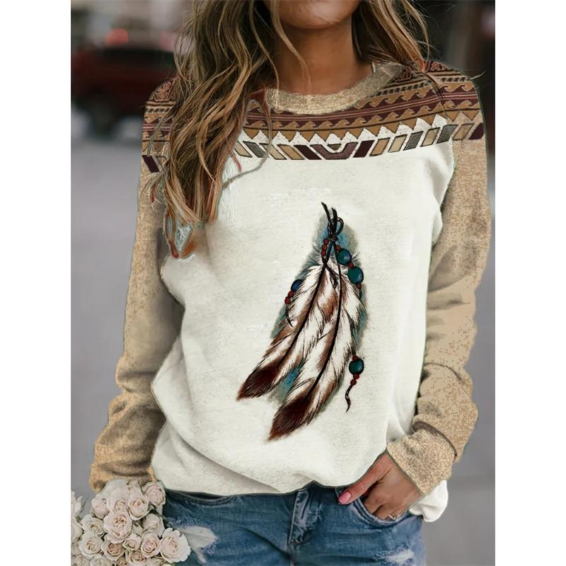 

Женские футболки с длинным рукавом в ретро этническом стиле, топ с принтом индийского ловца снов, повседневные элегантные футболки 5XL