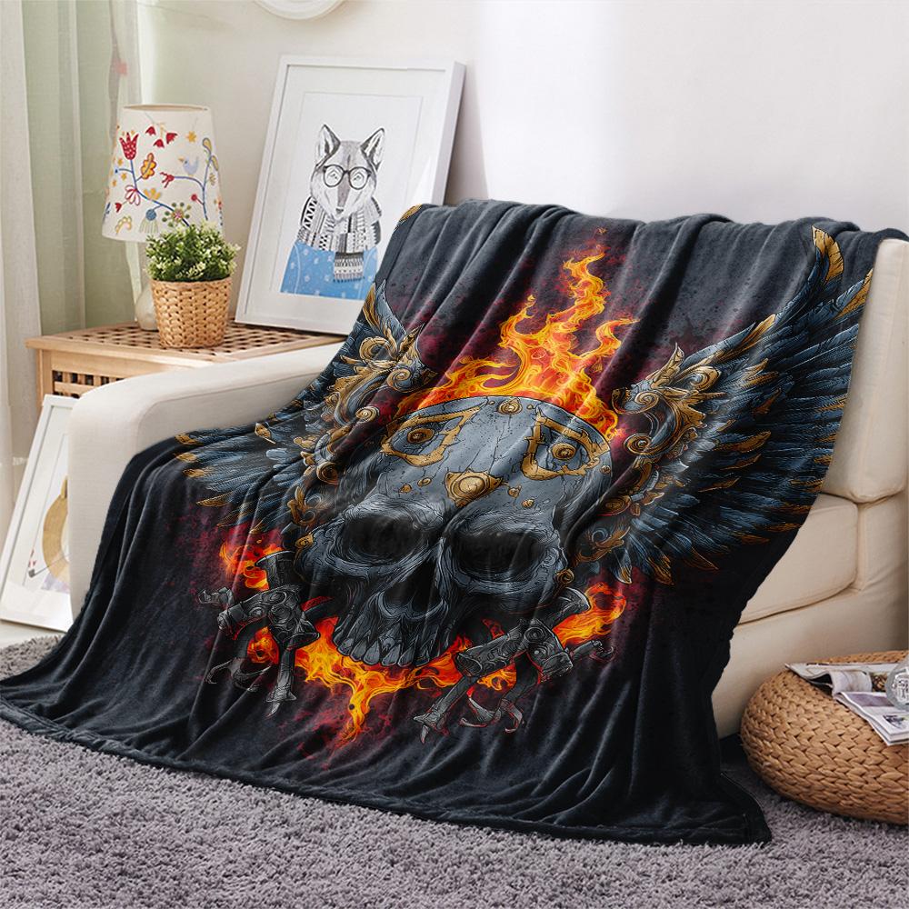 Winged Skull Print Flannel Blanket, High Quality Comfortable for All Seasons, Home Decor, Warmth and Comfort