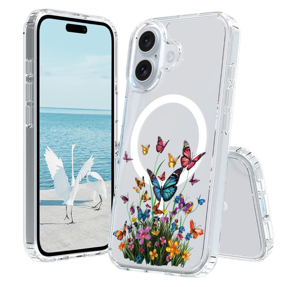 For iPhone 16 Plus Case Compatible with MagSafe Flower Pattern Printing TPU+PC Phone Cover