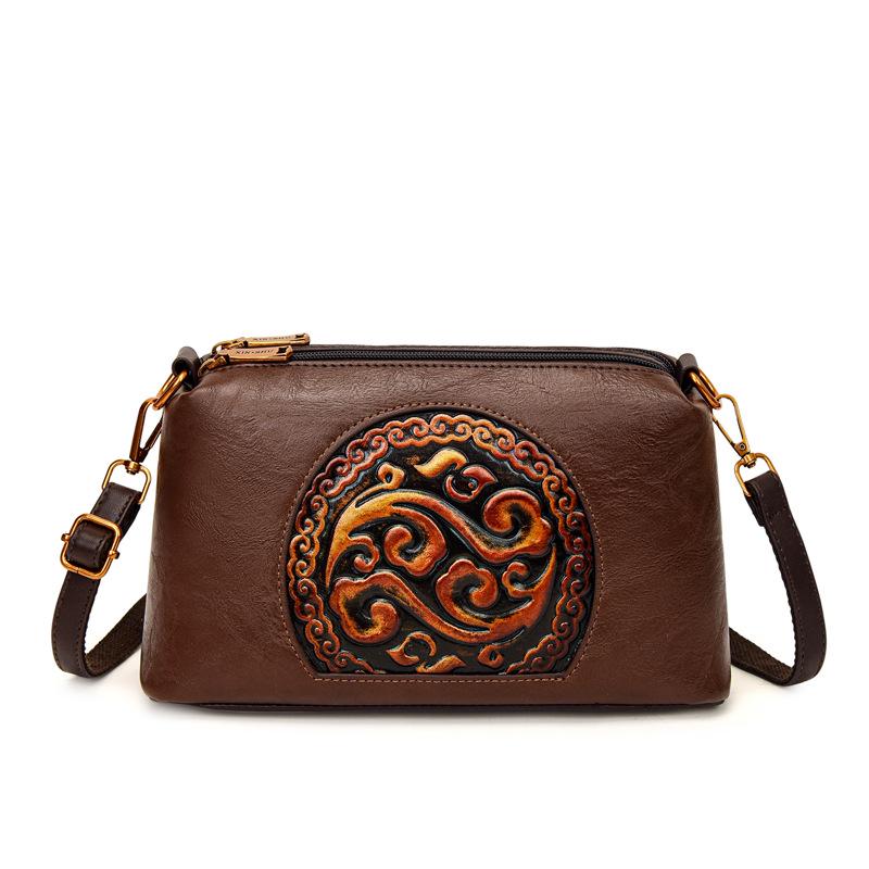 2025 Retro Ethnic Style Women's Genuine Leather Crossbody Bag for Middle-Aged Women