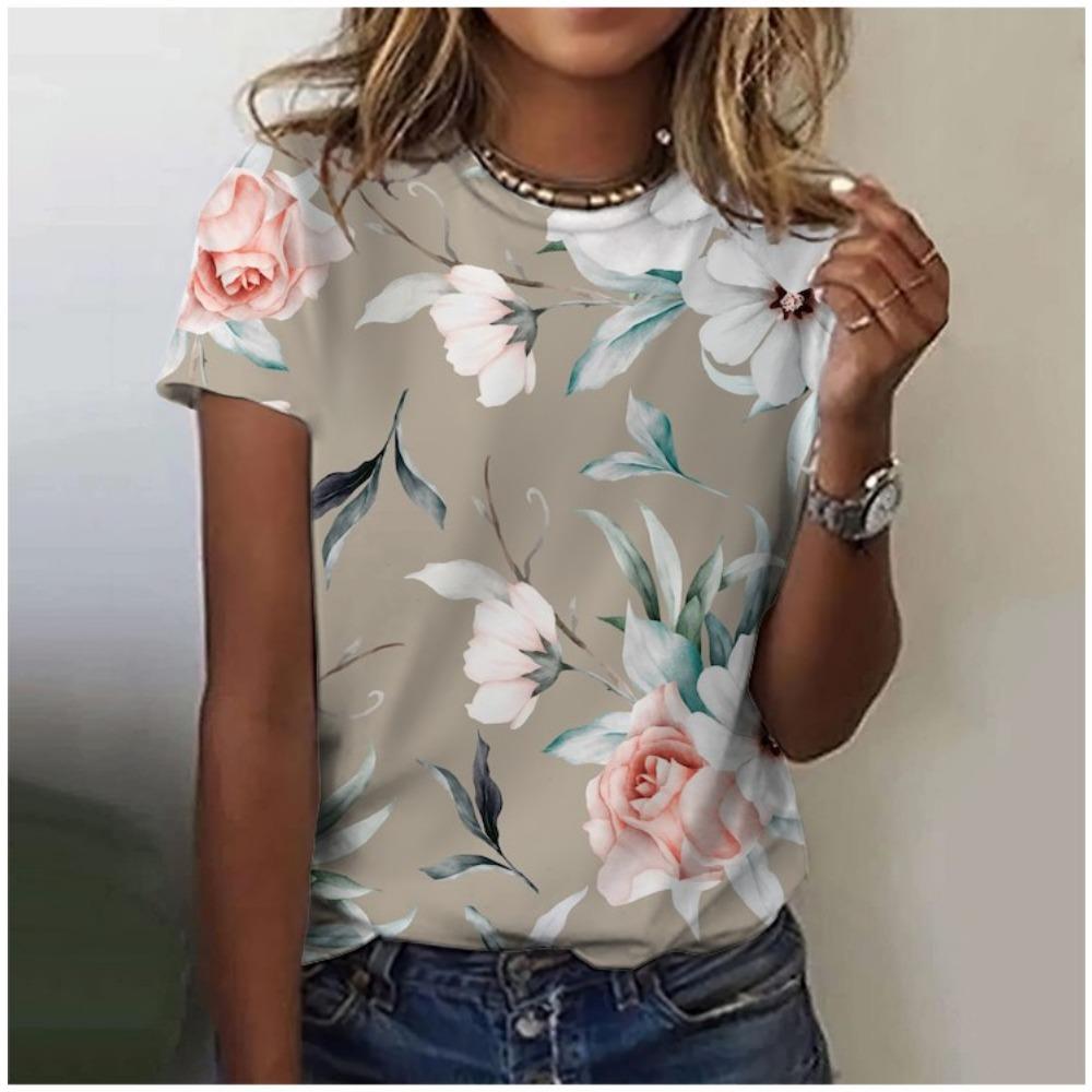 

Leisure sports women s t-shirt, new round neck short sleeve, fresh floral loose lightweight fabric top. S