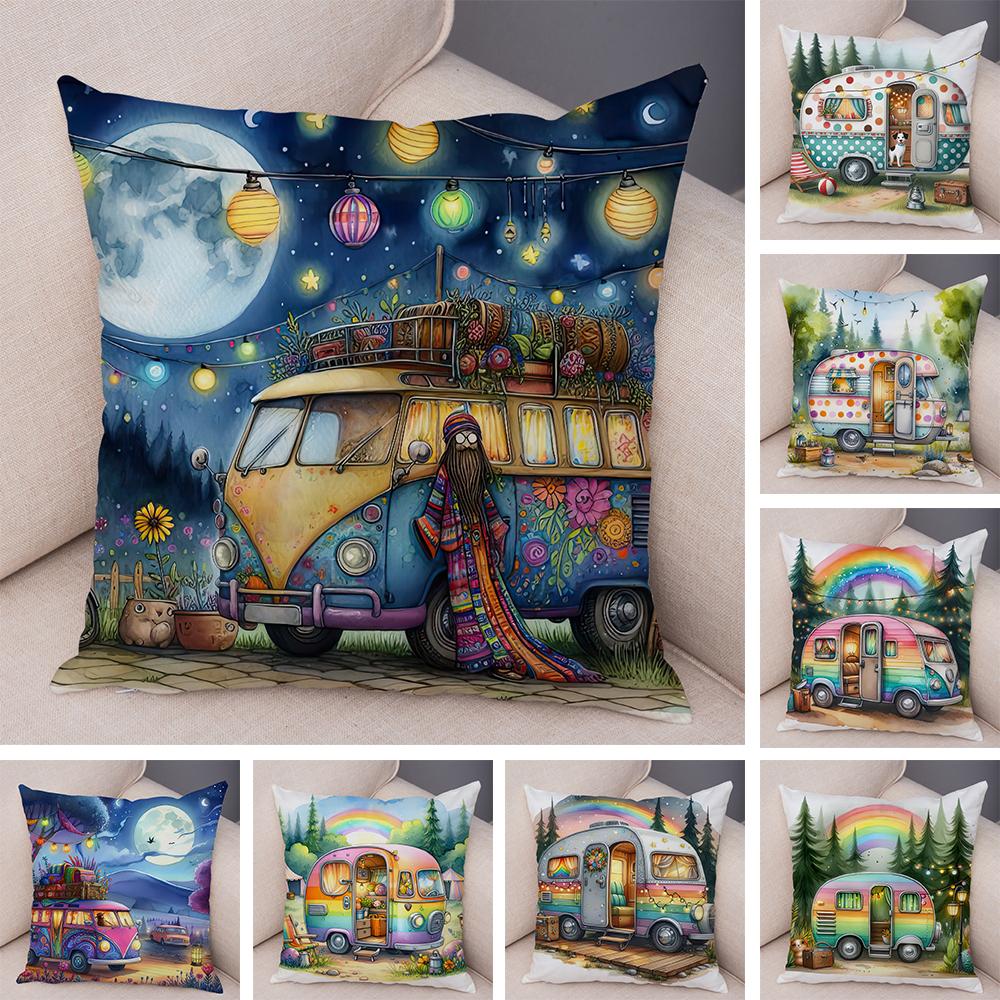 Happy Campers Pillow Case Double Print Decor Cartoon House Travel Car Cushion Cover for Sofa Home Soft Plush Pillowcase
