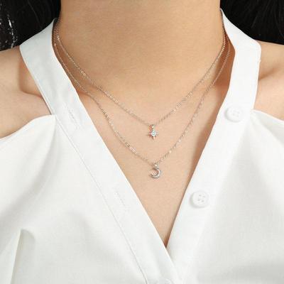S925 Sterling Silver Star Moon Hexagram Double Layer Necklace for Women - Trendy Collarbone Chain