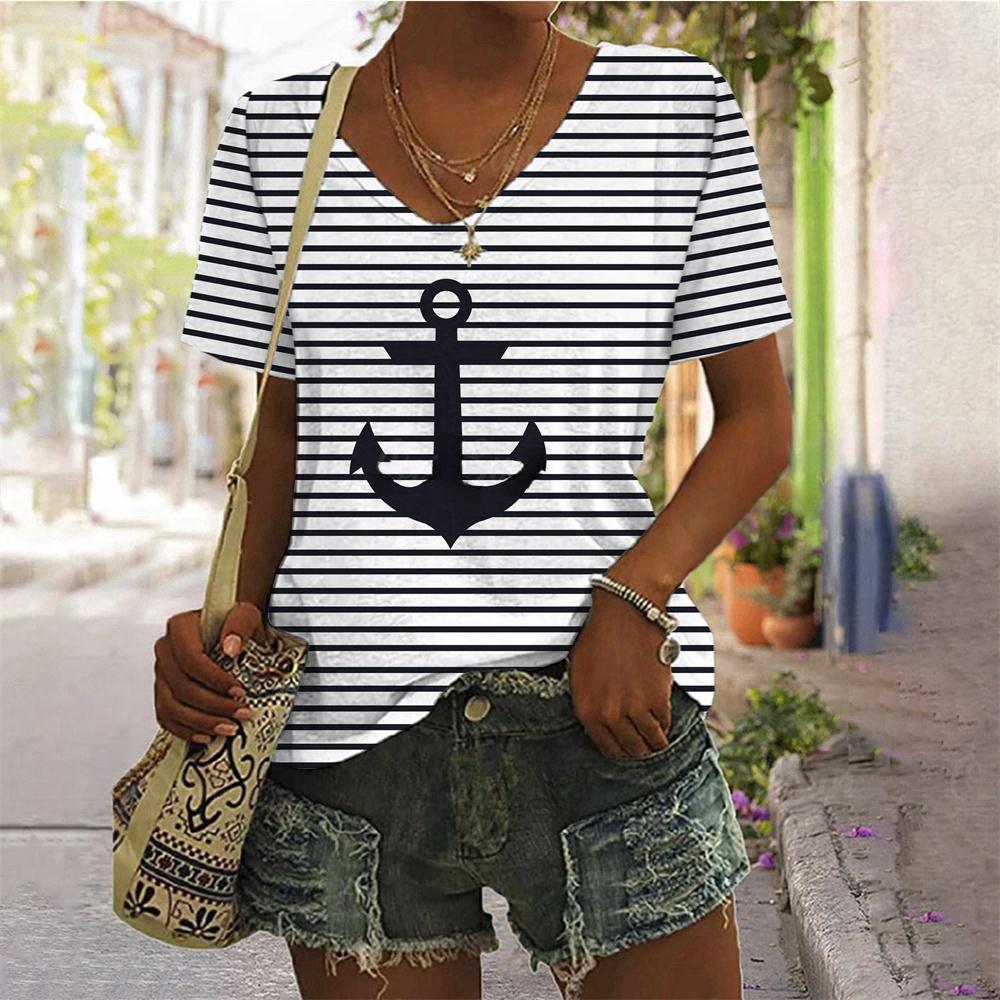 

Летние футболки больших размеров с принтом якоря, женская одежда, V-образный вырез, женская мода, стиль больших размеров, футболка для женщин 5XL