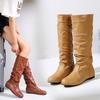 Herbst Und Winter Western Cowboystiefel Flache Stiefel Pu Leder Runde Spitze Fußabdeckung Dünne Damenstiefel