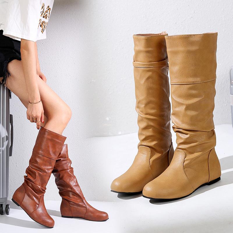 Herbst Und Winter Western Cowboystiefel Flache Stiefel Pu Leder Runde Spitze Fußabdeckung Dünne Damenstiefel