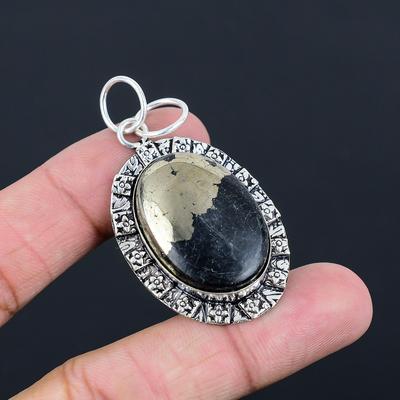 Easter Deal Oval Natural Pyrite Bezel Solar Chakra Pendant 925 Sterling Silver