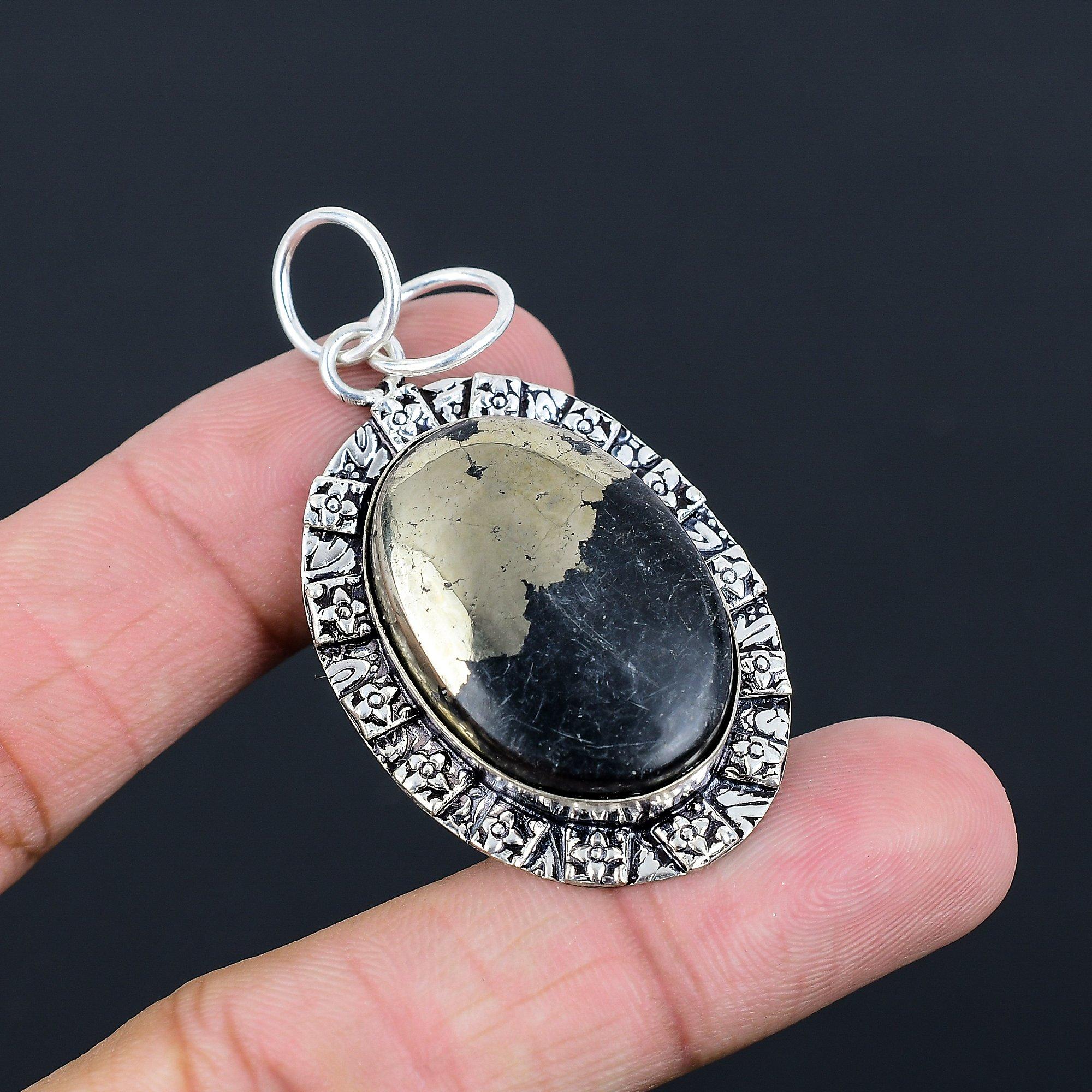 Easter Deal Oval Natural Pyrite Bezel Solar Chakra Pendant 925 Sterling Silver