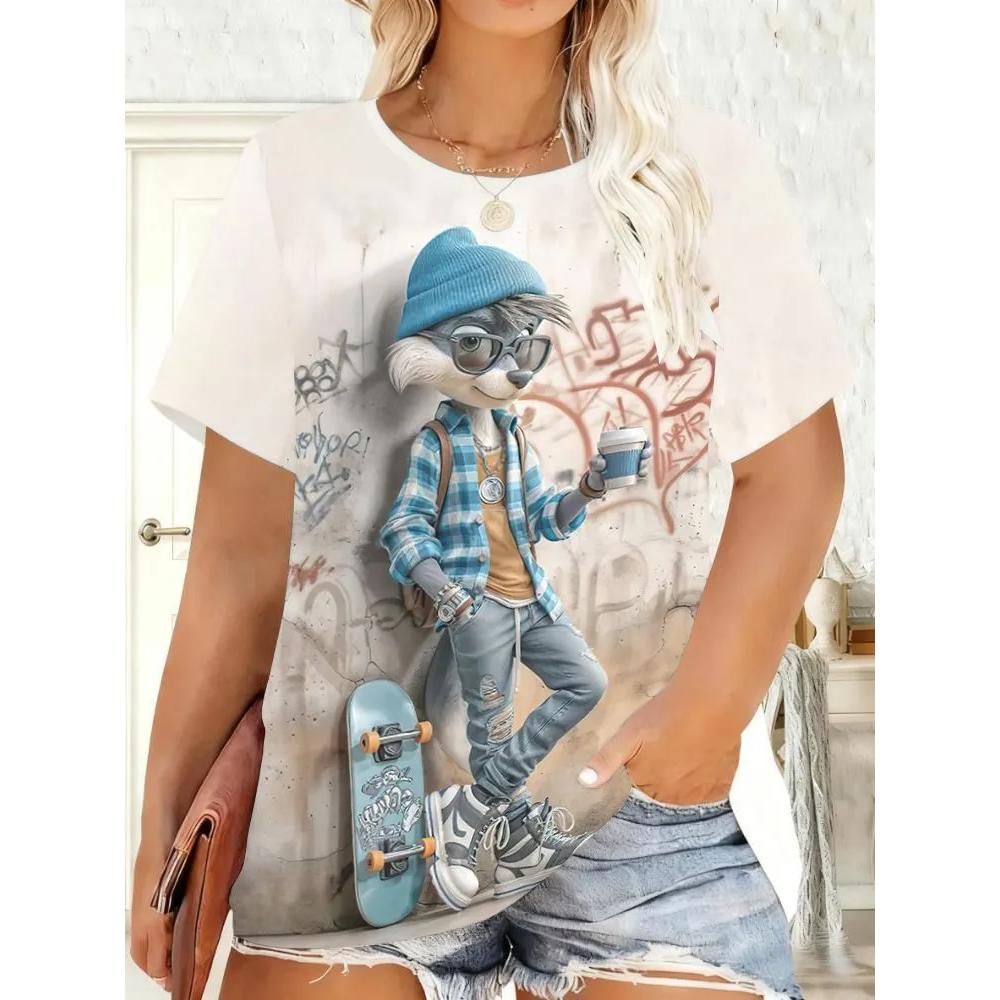 Daily Breathable Women s Animal Print Top Fashionable Versatile Short-sleeved Loose T-shirt Simple T-Shirts Women’s XS