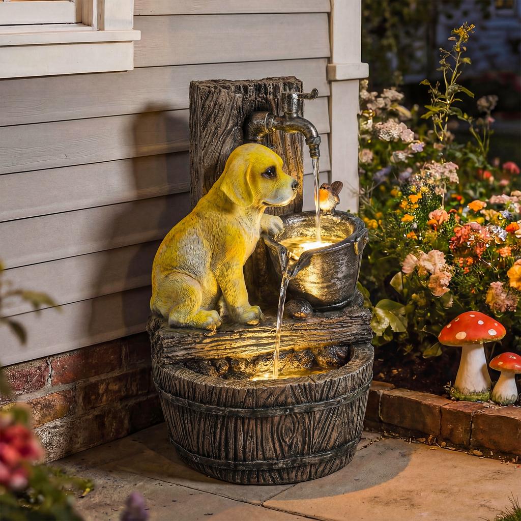 Garden Water Feature with 3-Tier Rustic Puppy Design, Freestanding Resin with LED Lights, Adjustable Flow, Rustic Brown