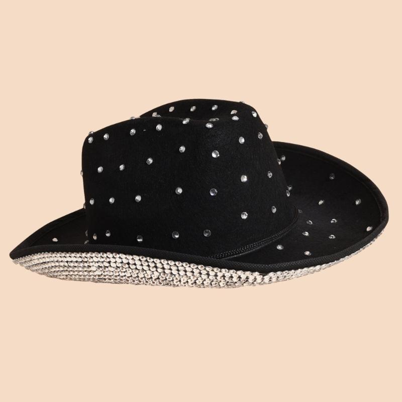 Vacation Cowboy Hat Panama Hat Crystal Brim Hat Rhinestones Hand Beading Crystal for Carnivals Music Festival