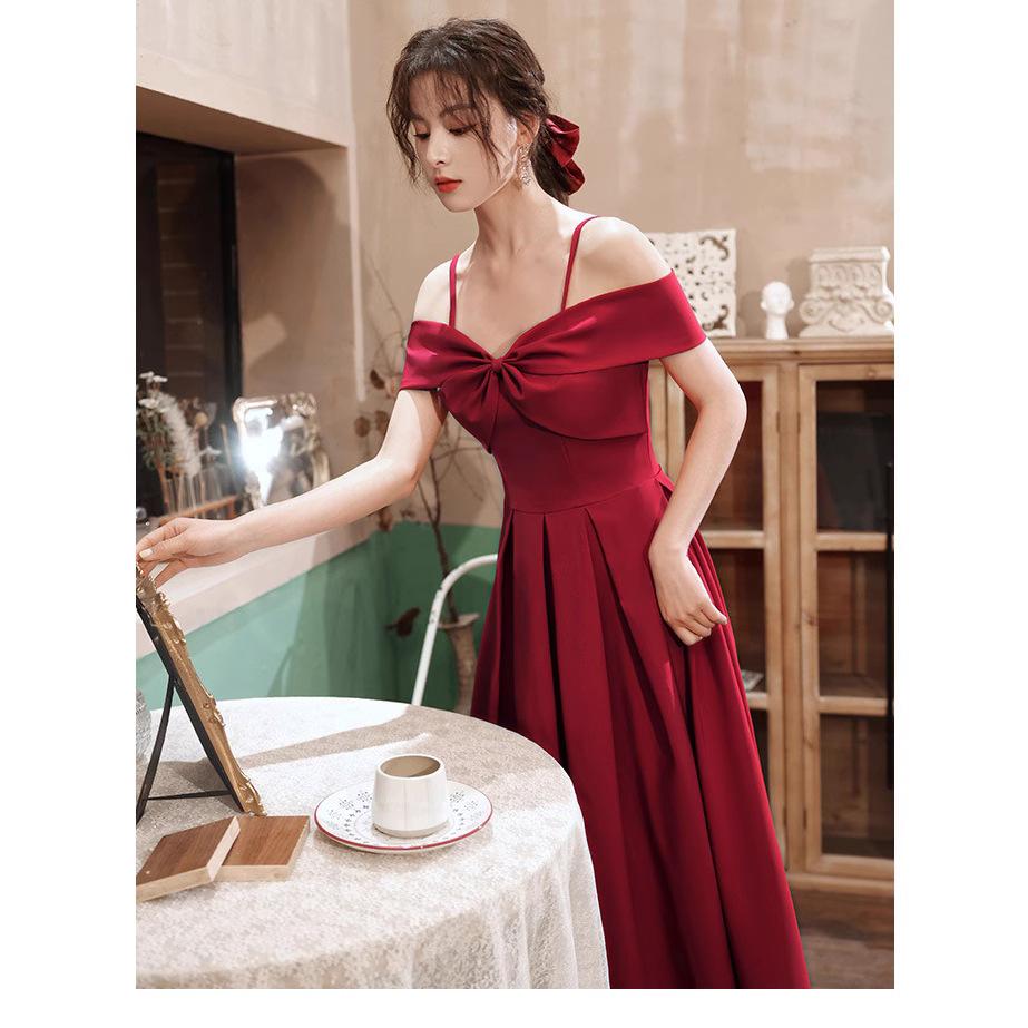 French Red Wedding Toast Bride Shoulder Suspender Engagement Dress Women Small Back Dress Women