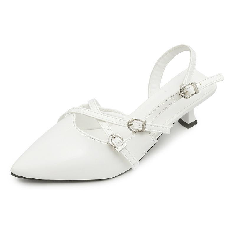 2025 new French design patent leather pointed head shallow mouth belt buckle high heels soft sole thin heel single shoes women