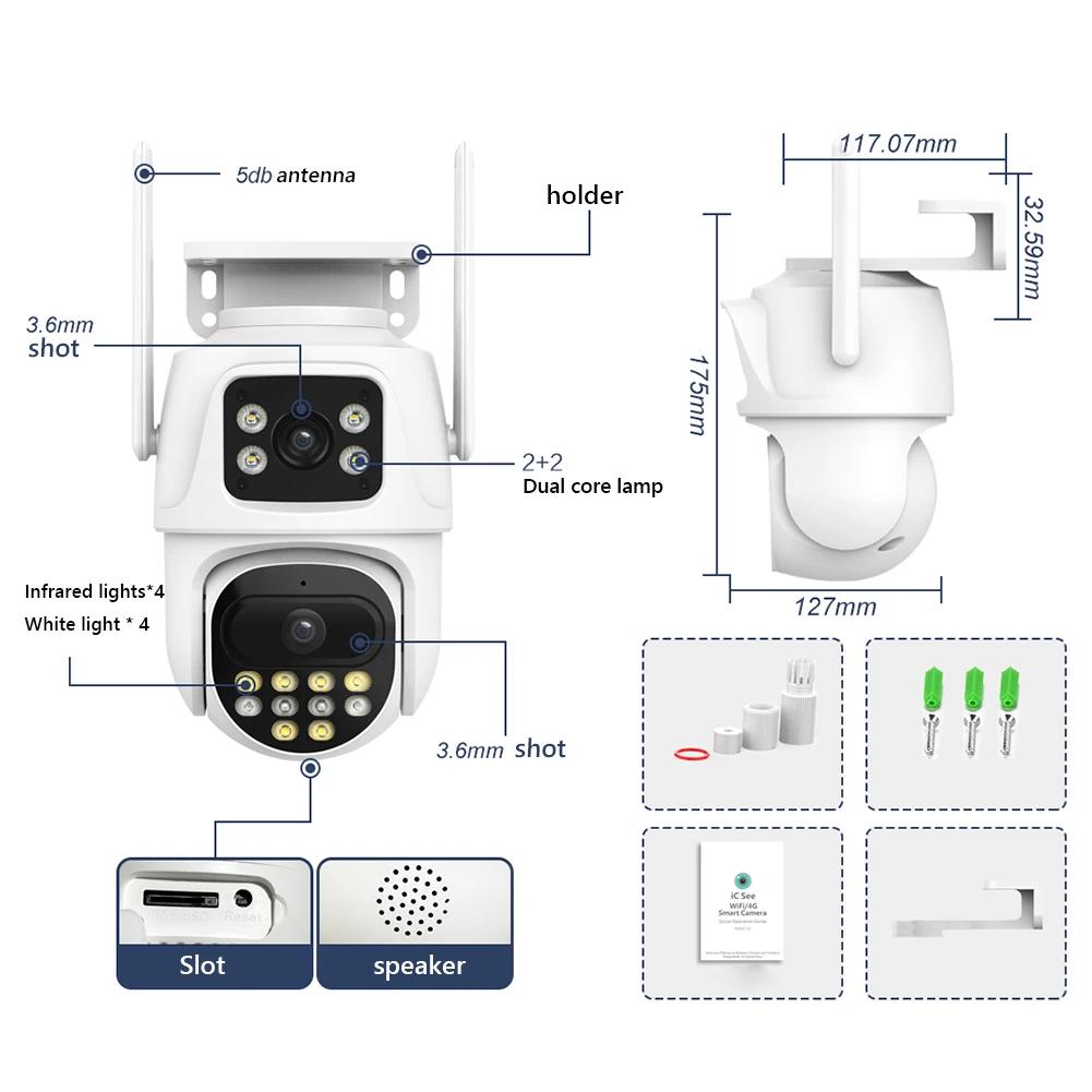 4K 8MP WIFI Surveillance Camera AI Auto Tracking Dual Screen Dual Lens External WiFi Camera Icsee APP PTZ WIFI Camera Waterproof