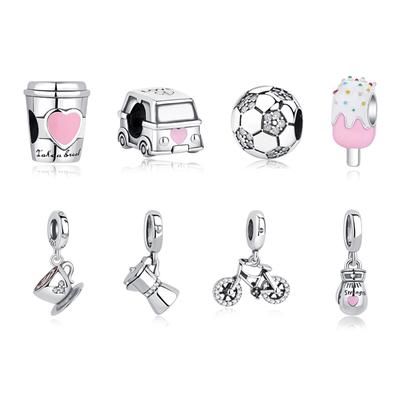Original 925 Sterling Copper Charms Soccer Football Love Coffee Beads Fit Brand Bracelets Necklaces DIY Zircon For Women