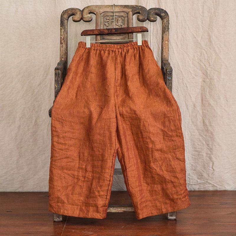 Pantaloni Larghi a Gamba Dritta Corti Tessuto Colorato Cotone e Lino Primavera Larghi Artistici Comodi con Caduta Casual da Donna