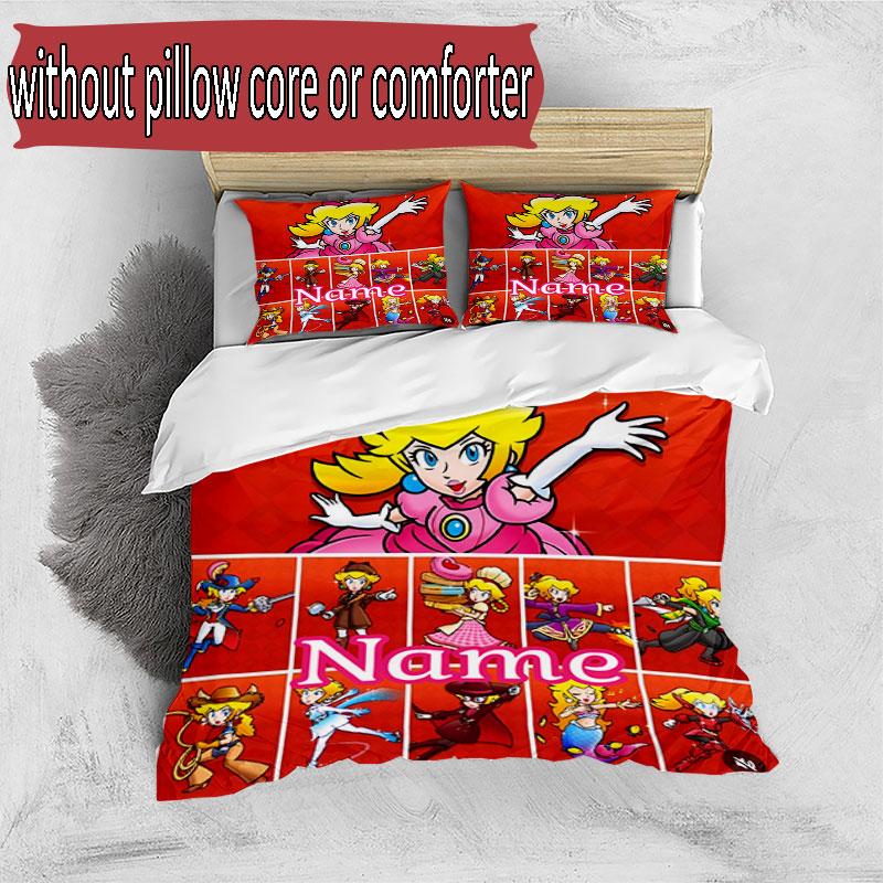 3pcs Duvet Cover Set (1*Duvet Cover + 2*Pillowcase, Without Core), Custom Name Princess Peach Toadstool Pattern Bedding Set, Home Bedroom Decor Gift