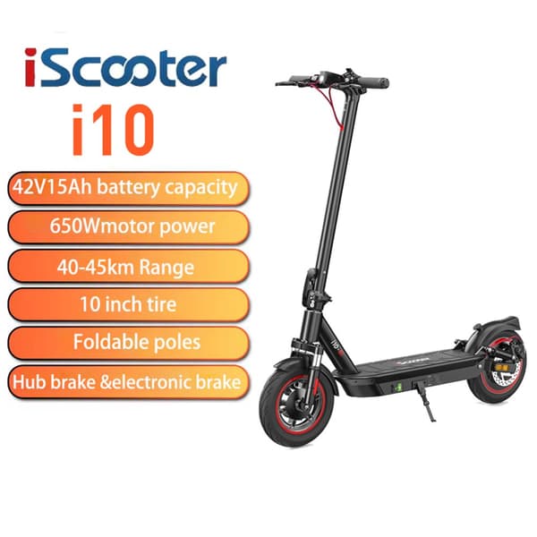 iScooter I10 650W Elektroroller, 40km/h Höchstgeschwindigkeit, 45km Reichweite, 10" Luftreifen, Dreifaches Bremssystem, APP-Steuerung