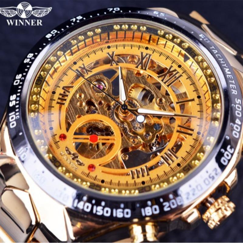 WINNER WINNER Men's Personality Fashion Gold Half Steel Hollow Semi-Automatic Mechanical Watch