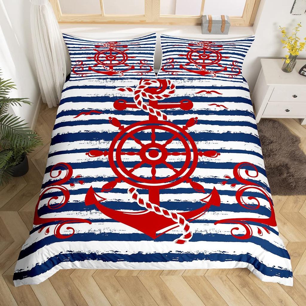 Vintage Anchor Duvet Cover Twin King, Nautical Theme Bedding Set Sailing Boat Sea Turtle Bed Cover, Compass Starfish Quilt Cover