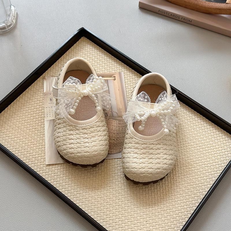 Kids Beige Pearl Bow Knitted Mary Jane Shoes 23