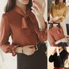 Women Fashion Solid Color Long Puff Sleeve Blouse Buttons Necktie Bowknot Shirt