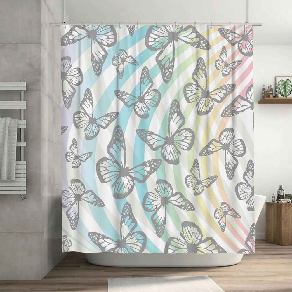 Bathroom Decor Shower Curtain With Butterfly Print Waterproof Fabric Black Rod Pocket For Home Bathroom Accessories Decoration B