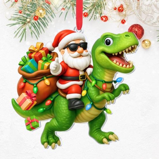 Santa Riding Dinosaur Ornament Funny Santa Claus Acrylic Hanging Decoration Novelty Dino Christmas Tree Ornament for Kids Boys Men