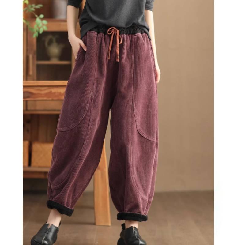 Autumn Spring Winter Women's Thickened Fleece Casual Pants Harlan Retro Corduroy Loose Slimming Artistic Casual Warm Trousers
