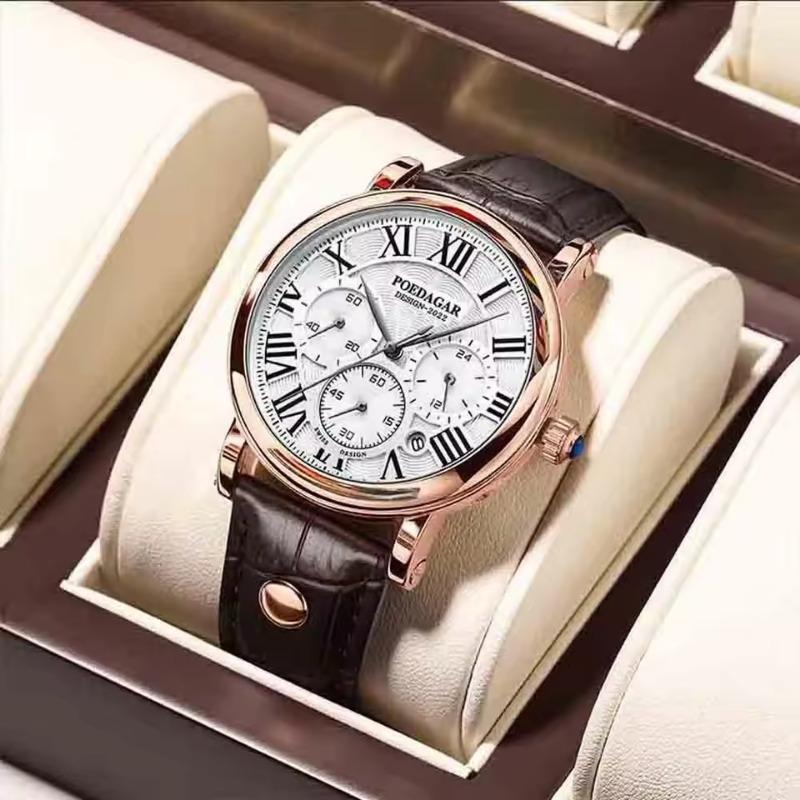 POEDAGAR Men Watch Fashion Chronograph Leather Quartz Watches Waterproof Luminous Sport Sport Wristwatch Six Needle Watch