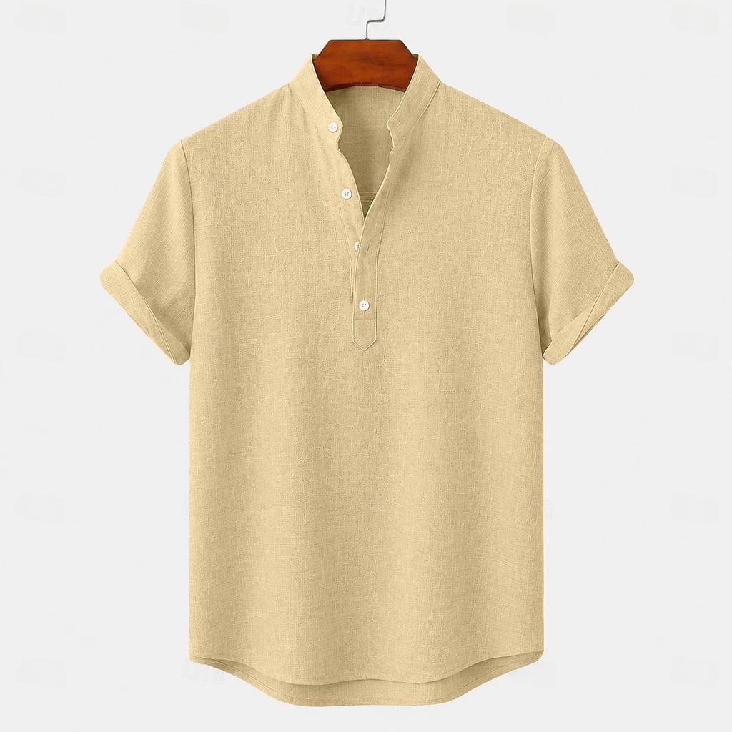 Men's Linen Shirts Short Sleeve Button Up Neck Stand Collar Casual Summer Home Daily Shirts