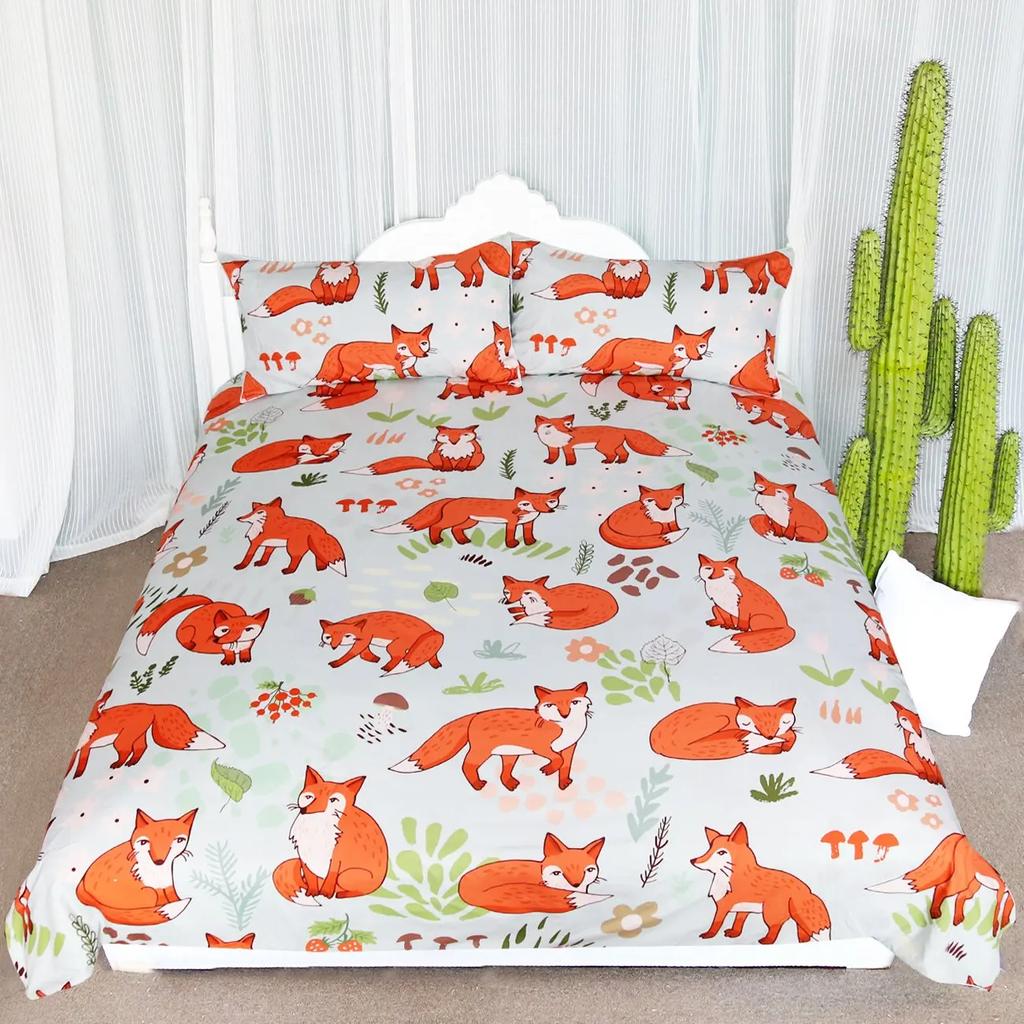 Cartoon Fox King Queen Duvet Cover Lovely Orange Animal Floral Bedding Set Kids Girls Flowers Plant 2/3pcs Polyester Quilt Cover