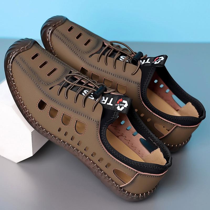 

Популярные классические летние мужские сандалии из натуральной кожи, мягкие дышащие туфли, пляжные римские сандалии, мужские сандалии, сшитые вручную повседневные туфли 44 хаки