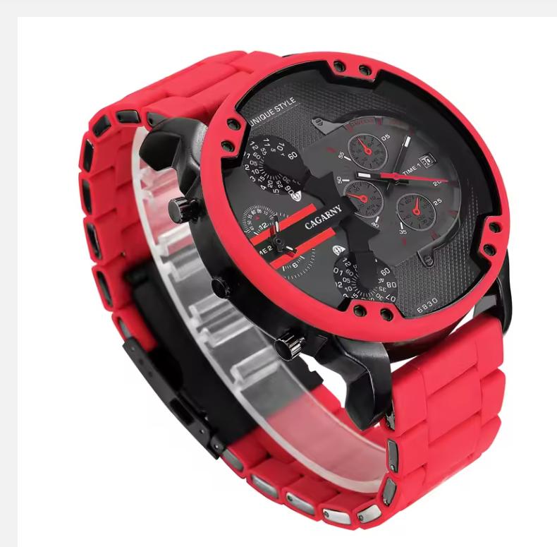 Cagarny Quartz Watch For Men Cool Big Case Red Silicone Steel Band Sports Wristwatch Man Military Relogio Masculino D7370
