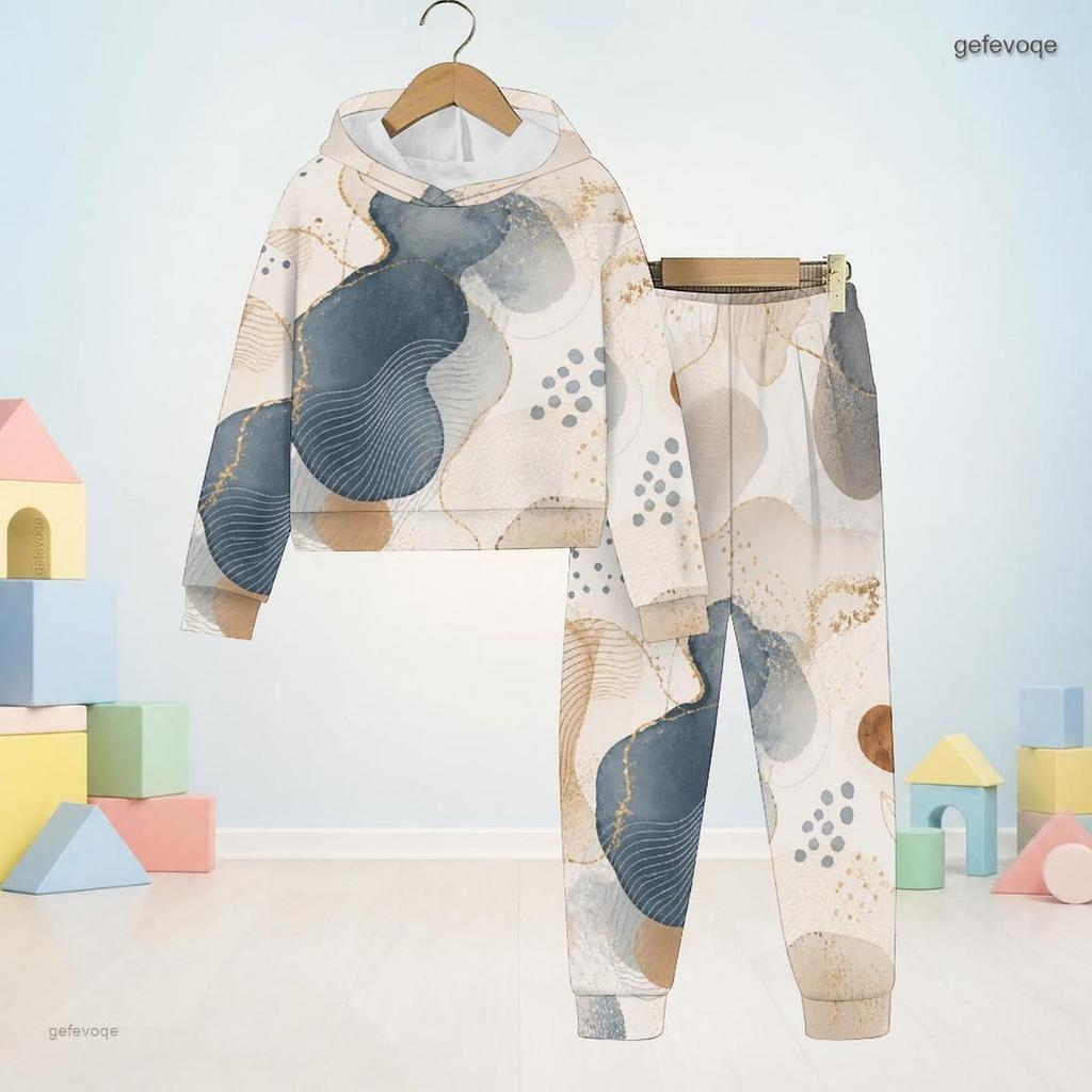 Kids Boys Girls Abstract Printed Hooded Long Sleeve Sweatshirt Cuffed Pants Two Piece Set