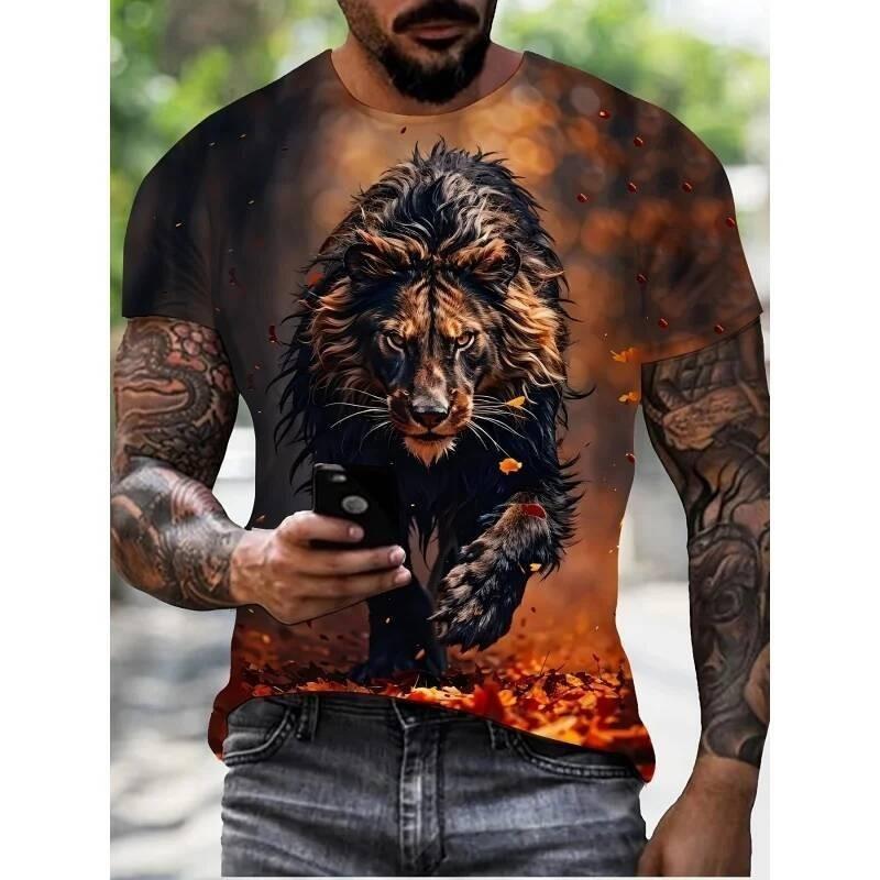 Cool Tiger and Lion Pattern Men's T-shirt Fun Animal 3D Printing T-shirt Summer Fashion Round Neck Top Extra Large Short Sleeve T-shirt