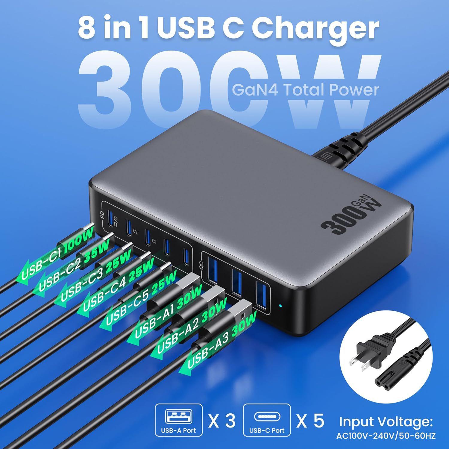 300W Multi-Port GaN Type-C Mobile Charger - High-Power Desktop Charging Station US standard with 1.5M power cable
