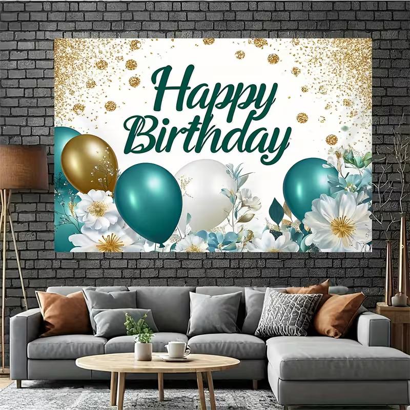 2D Teal Gold Happy Birthday Backdrop Floral Balloon Glitter Party Photography Banner
