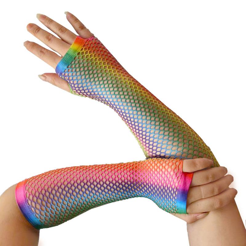 2 Paare/los Sexy Kurze Mesh Hohl Punk Regenbogen Fischernetz Handschuhe Weibliche Spitze Elastische Lange Hiphop Sommer Halb Finger Sonnencreme Fäustlinge