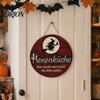 Indoor Halloween Wall Ornament Wooden Hanging Sign, Round Pendant for Front Door Decor, Full German Text Witch Sign Moon Bat Design Retro Holiday