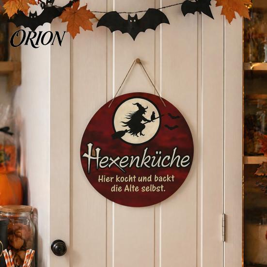 Indoor Halloween Wall Ornament Wooden Hanging Sign, Round Pendant for Front Door Decor, Full German Text Witch Sign Moon Bat Design Retro Holiday