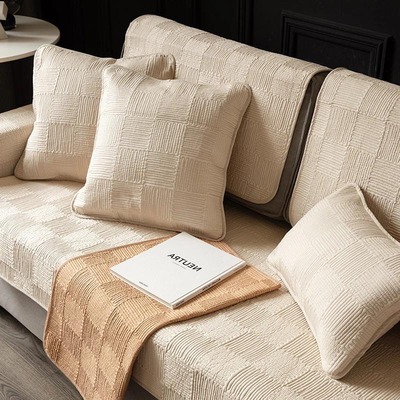 Soft High-end Block Sofa Mat All-season Universal Anti Slip Sofa Cover Living Room Cover Towel Grids Simple Cushion