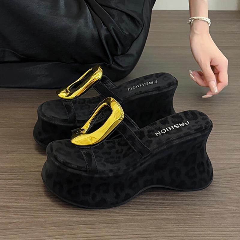 Fashion Women Slippers High Heels Leopard Shoes Dress Fashion Woman's Sandals 2025 Summer Designer Slides New Casual Sandalias De Mujer
