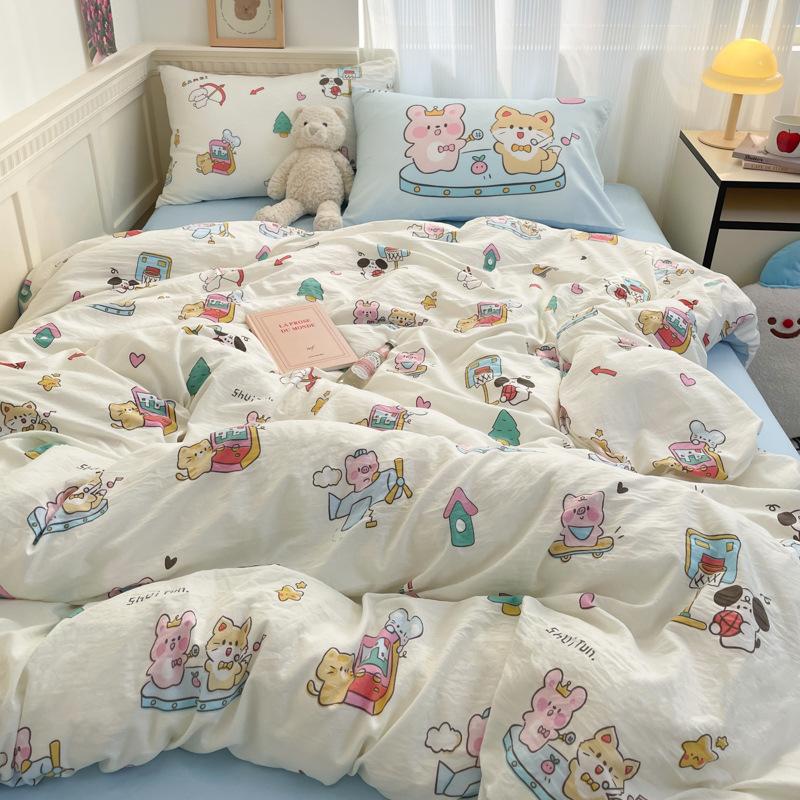 Class A Maternal And Infant Grade, Washed Cotton Cartoon Four-Piece Set, Xiaoxiangfeng Bed Sheet Quilt Cover, Student Dormitory 3Pcs Set