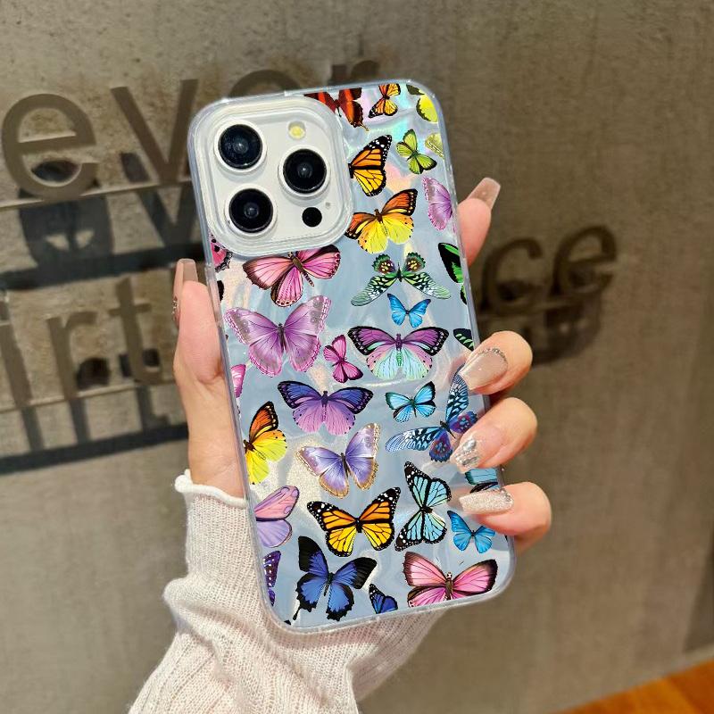 Butterfly Print Soft Edge Slim Clear Phone Case For iPhone 16 Pro 15 Pro Max 14 13 12 11 Glitter Feather Shockproof Sparkling Hard PC Back Cover
