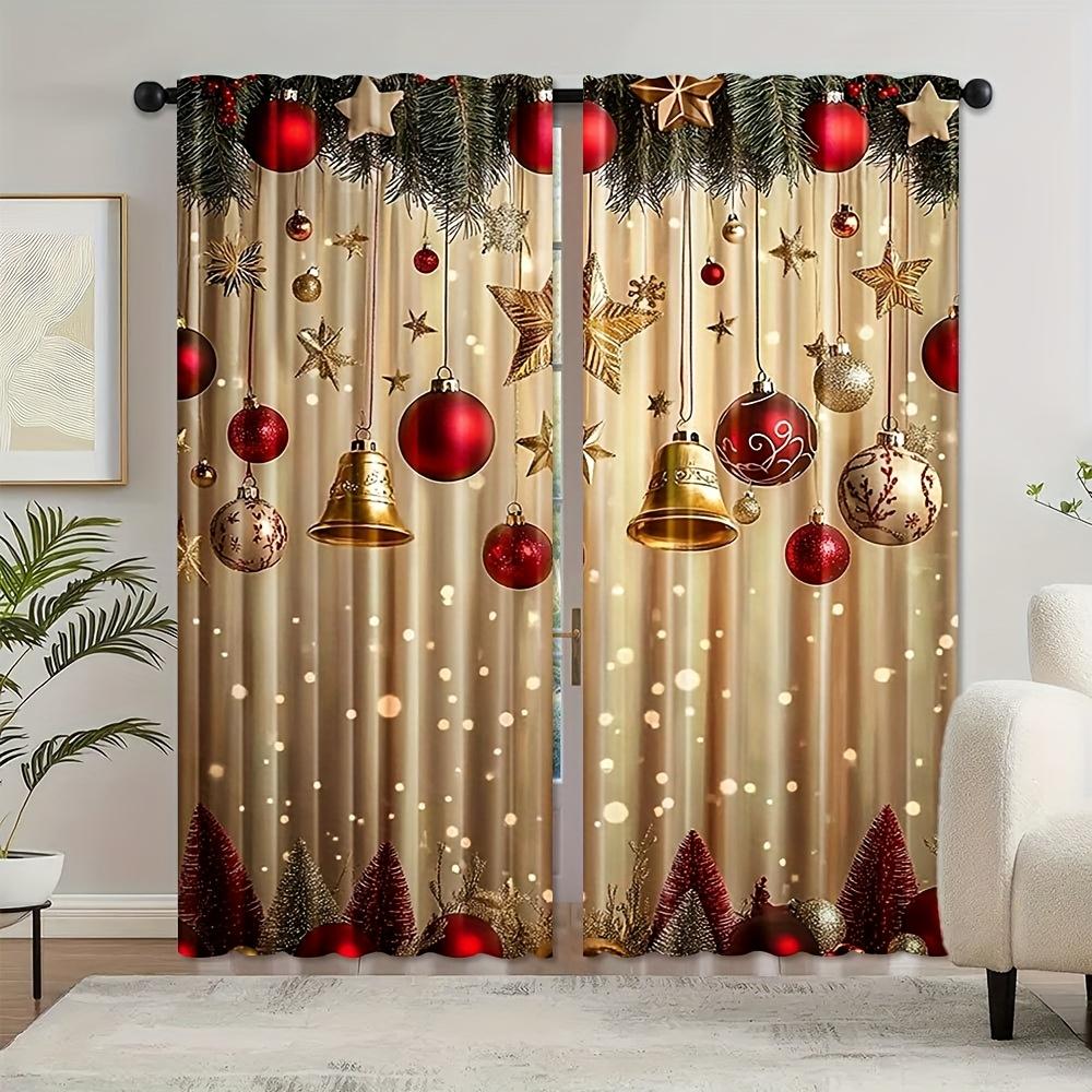 Set Of 2 Festive Christmas Curtains Cheerful Print Polyester Living Room Office Bedroom Decor Curtain For Sitting Made With Rod Pocket Machine