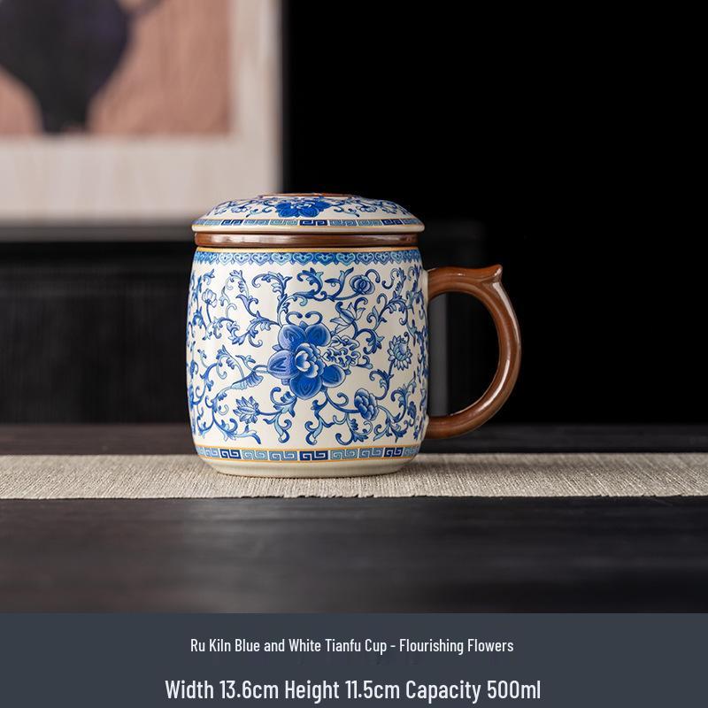 Ru Ware Blue & White Ceramic Office Tea Cup with Lid & Separator