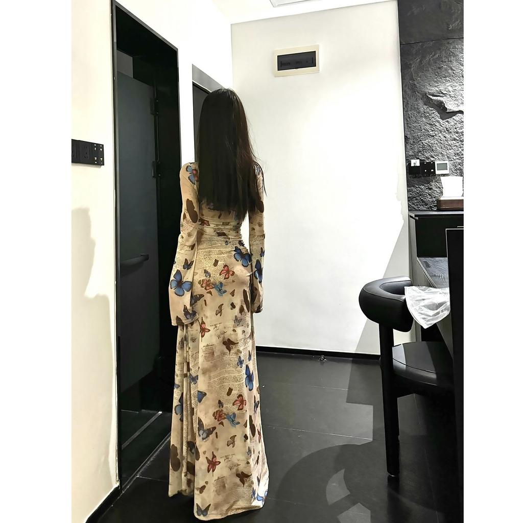 New Spice Girl retro butterfly print long-sleeved dress women's pleated waist sexy slim hip-wrapped dress
